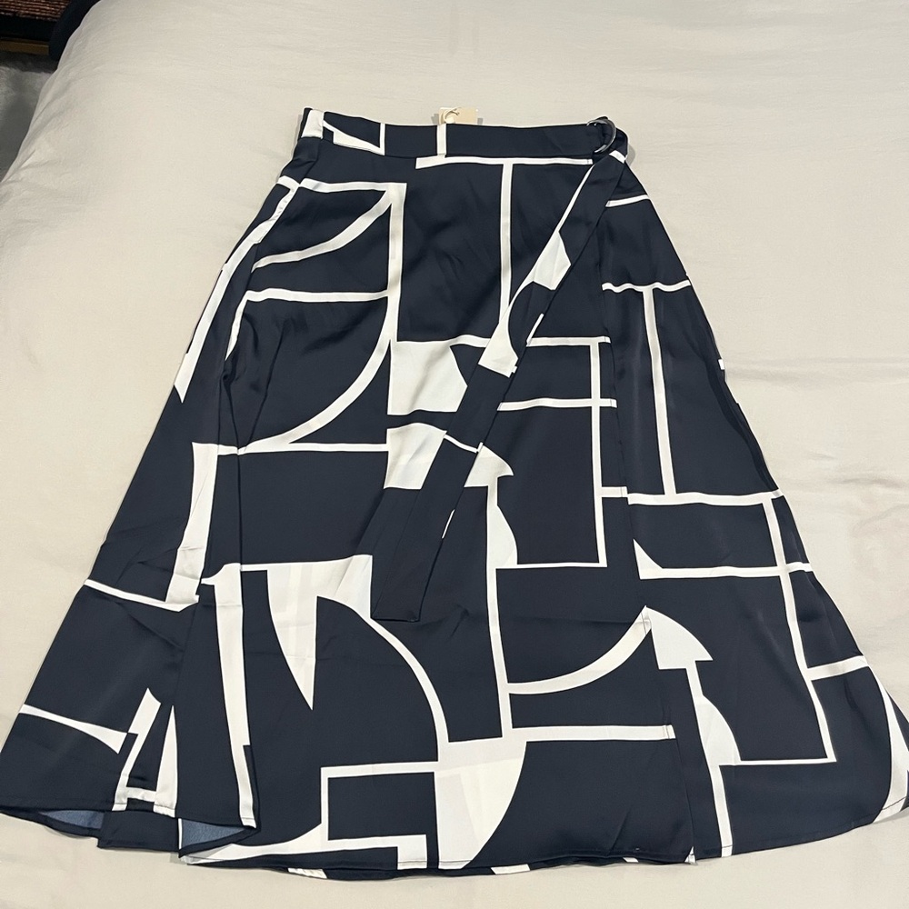 Mango Black and White Midi A-Line Skirt Asymmetrical Wrap